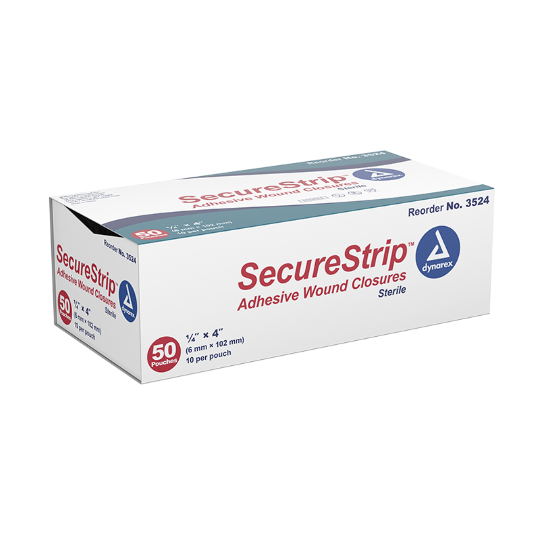 A white box labeled Dynarex Wound Closure Strips - Sterile contains 50 sterile pouches with 10 adhesive wound strips each (1/4 x 4"). The reorder number 3524 appears on the top right corner.